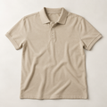 one plain beige men's short-sleeve polo shirt with a classic collar and three-button placket